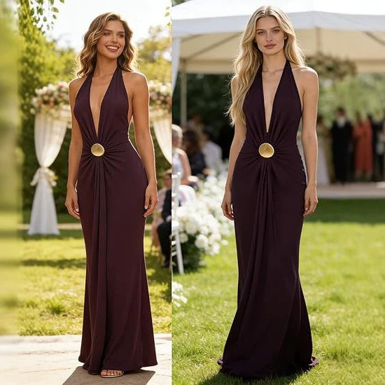 European and American Foreign Trade Halter Neck Deep V Backless Waist-Cinching Long Dress, Cross-Border Women's Evening Gown, Slimming Long Dress Wholesale European and American Foreign Trade Halter Neck Deep V Backless Waist-Cinching Long Dress, Cross-Border Women's Evening Gown, Slimming Long Dress Wholesale
