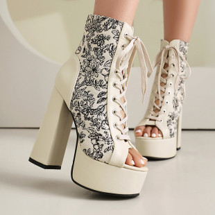 2025 Foreign Trade New Style Super High Heel Waterproof Platform Fish Mouth Lace-up Naked Boots Cool Boots Front Lace-up Floral Women High Heels