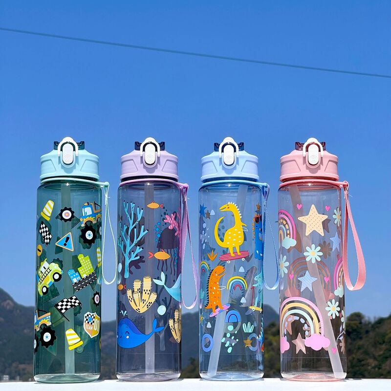 Cross-Border 2025 New High-Looking Plastic Cup Design with Straw Cup Cartoon Pattern Portable Rope Water Bottle