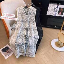 2024新款叠穿镂空宽松罩衫中长款背心裙欧货提花蕾丝v领连衣裙女