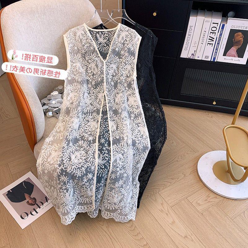 2026 New Style Layered Hollow-Out Loose Blouse Mid-Length Tank Dress European Jacquard Lace V-Neck Dress for Women