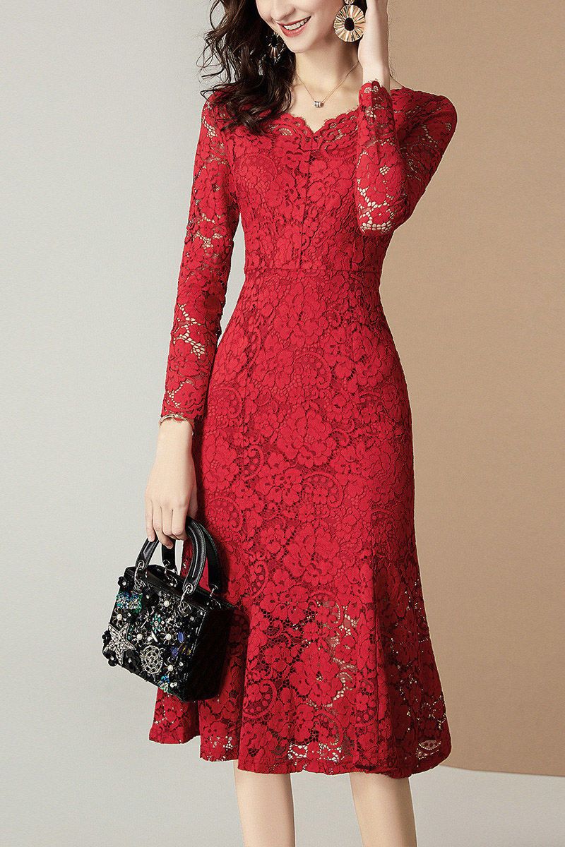 Spring and Autumn New Slim Fit Burgundy Dress Retro Slim Fit Lace Fishtail Dress