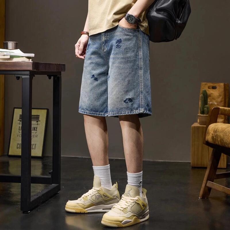 Trendy Brand Embroidered Denim Shorts for Men, New Summer Style, Loose Straight Fit, Cool Retro Washed Vintage Five-Point Shorts Trendy Brand Embroidered Denim Shorts for Men, New Summer Style, Loose Straight Fit, Cool Retro Washed Vintage Five-Point Shorts