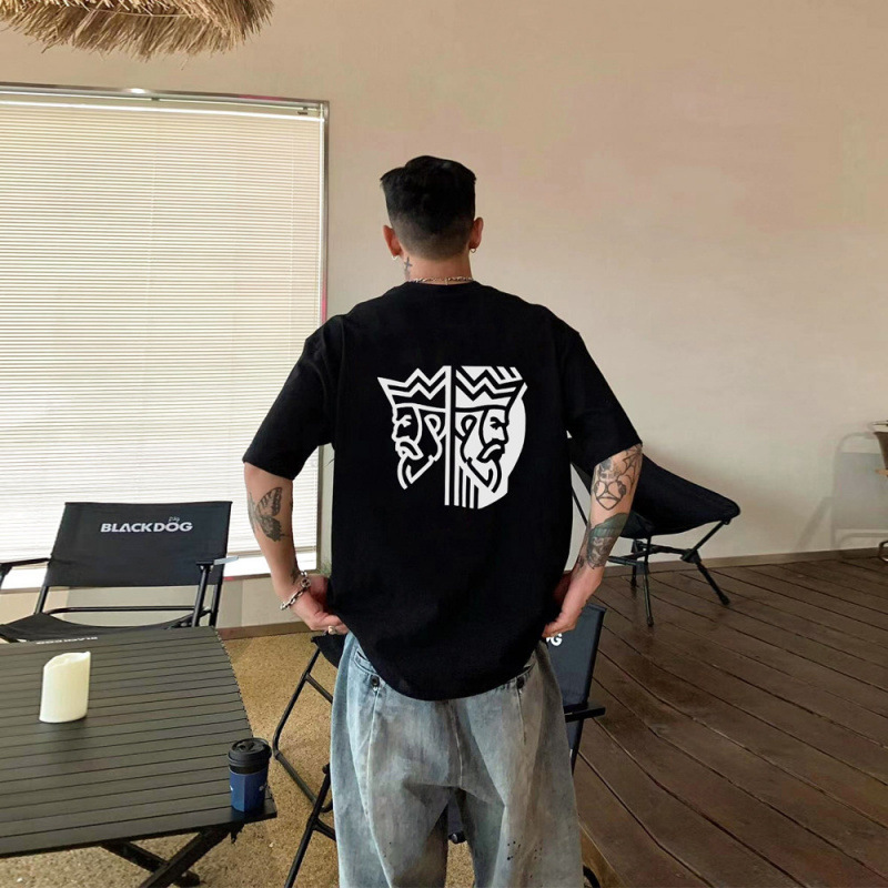 American-Style Trendy Brand Bad Boy King Head Print Short-Sleeve T-Shirt for Men, Heavyweight Pure Cotton Versatile Small-Neck Top for Summer