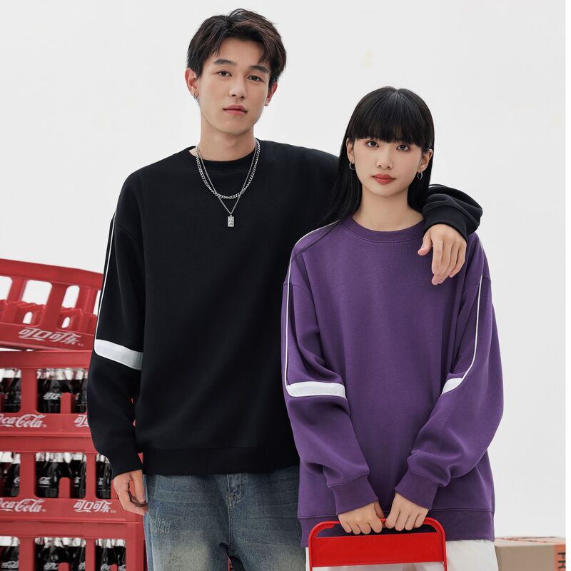 Autumn and Winter Heavy Trendy Brand Splicing Sleeve Crewneck Sweater Fixed Printing Work Clothes LOGO Color Splicing Sweater Fixed Printing LOGO