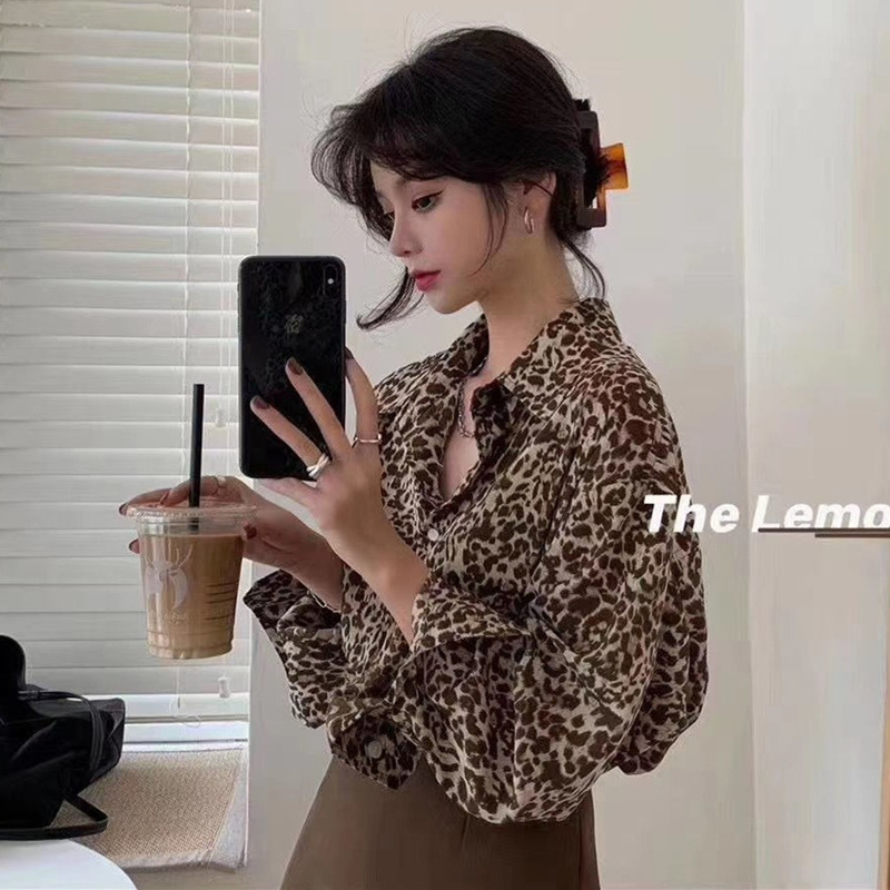 Leopard Print Shirt for Women, Unique Design, New Autumn Fashion, Vintage Hong Kong Style, Chic Long-Sleeve Top