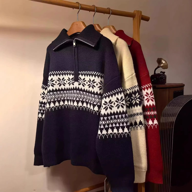 Christmas and New Year Jacquard Red Knit Sweater for Men and Women, Half-Zip Turtleneck Sweater, High-End Loose-Fitting Trendy Sweater