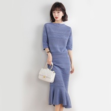优雅女人味镂空鱼尾裙两件套连衣裙中长款针织套装裙秋装2021新款
