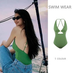 Bathing suit for women, 2023 new stylish green triangle one-piece, sexy deep V, slimming, covers belly, small bust, hot spring vacation