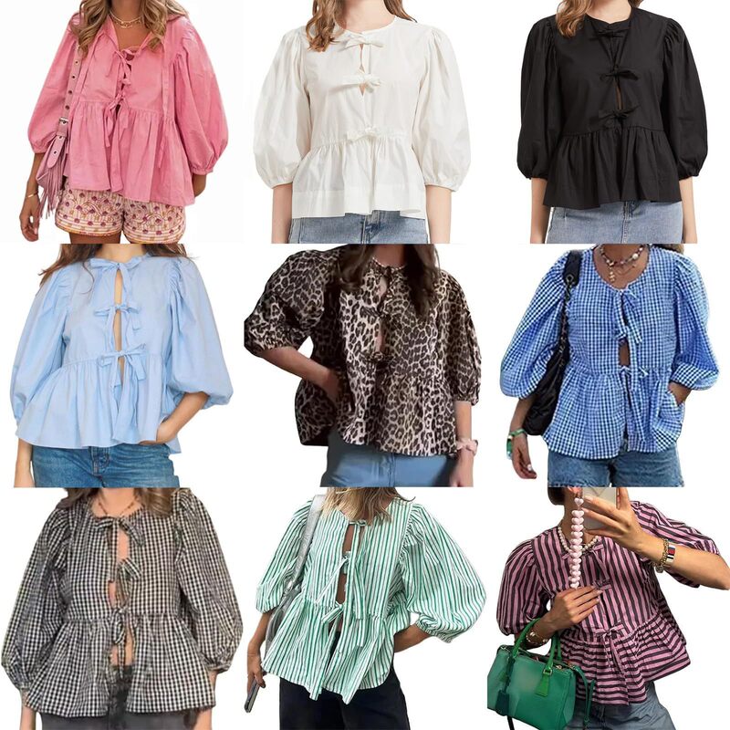 Front Lace-Up Top Women's Y2k Leopard Ruffled Doll Top Seven Puff Sleeve Sexy Top
