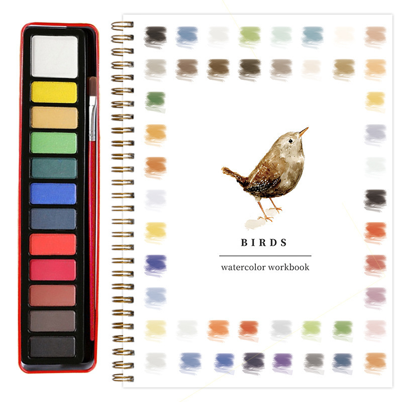 跨境新品 watercolor workbook 水彩专用着色本 水彩画本带水彩盒|undefined