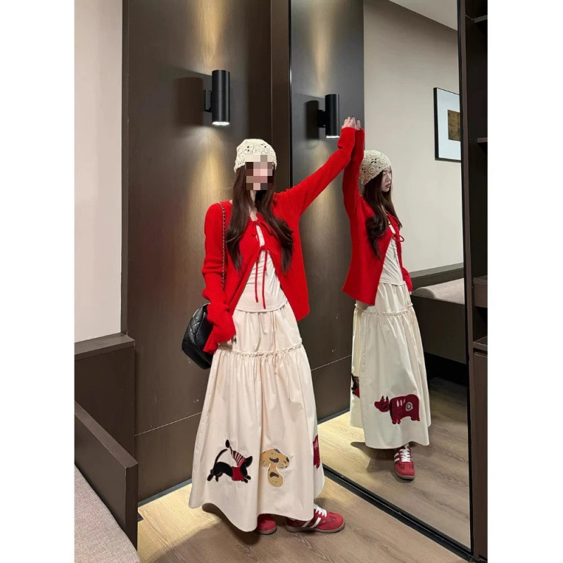 小众长袖T恤蝴蝶结绑带针织衫外套温柔风套装女春季半身裙三件套|undefined
