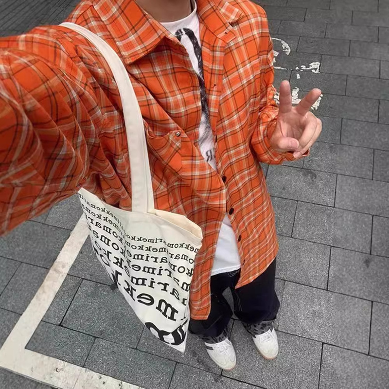American Style oversize Orange Plaid Long-sleeved Shirt Men's Spring and Autumn Fashion Brand High Street Loose Casual Shirt Jacket