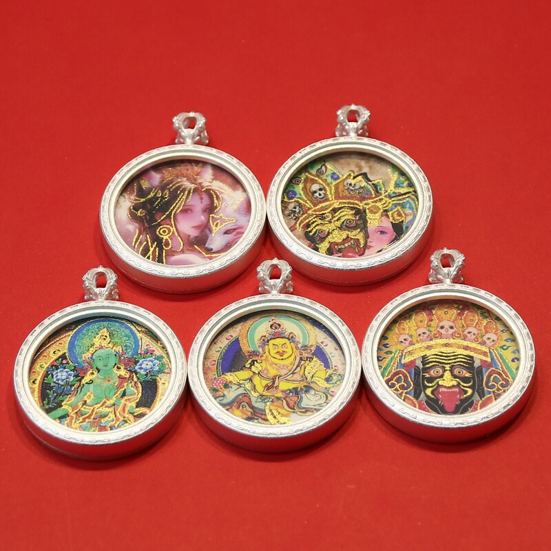 爆款手绘描金唐卡3厘米圆形吊坠银色扎基拉姆狐仙绿度母画芯批|undefined