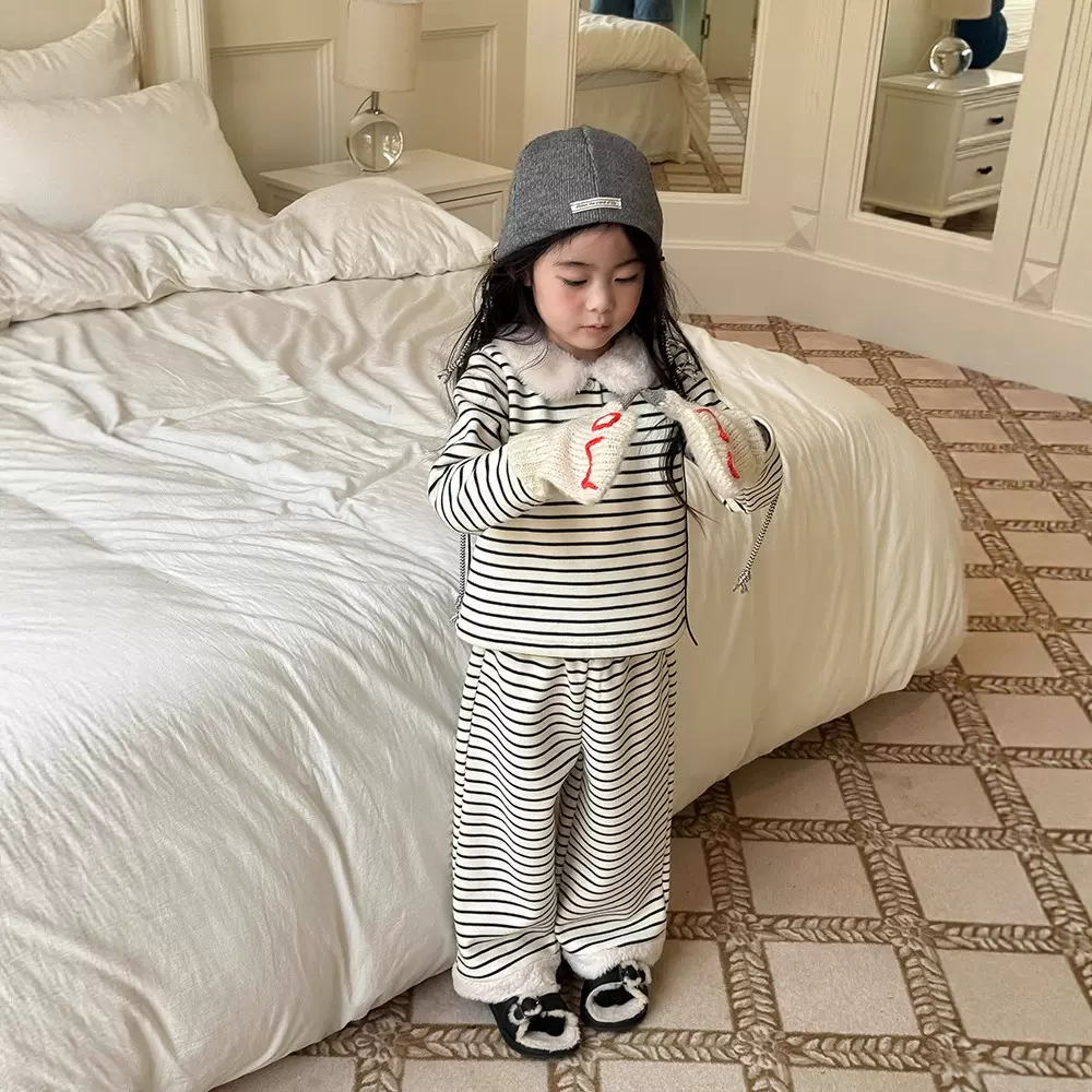 儿童羊羔毛拼接条纹套装2025冬装新款女童加绒长袖长裤两件套