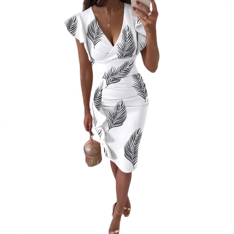 2023 Amazon Explosions AliExpress wish Summer V-Neck Slim-Fit Waist Pleated Ruffled Hip Dress 2023 Amazon Explosions AliExpress wish Summer V-Neck Slim-Fit Waist Pleated Ruffled Hip Dress
