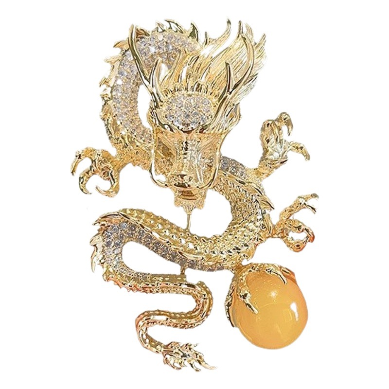 Golden Dragon Play Ball Hombre 2024 Año del dragón Regalo del año del dragón Broche del dragón Traje de gama alta para mujer Accesorios Pin Decoración de estilo chino