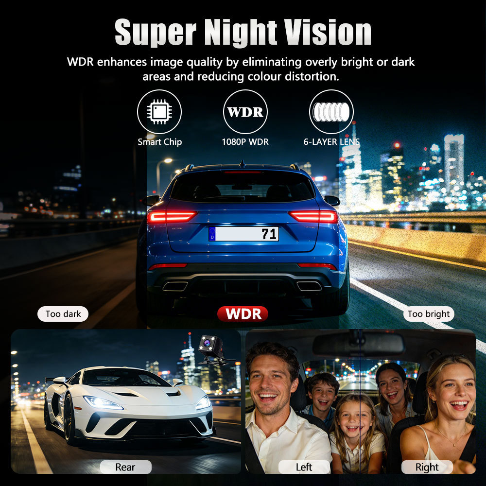 Cross-Border Hot-Selling 1080P High-Definition Dash Cam with Four Lenses, Wifi, 3inch Screens for Simultaneous Recording and Display of Reversing Images