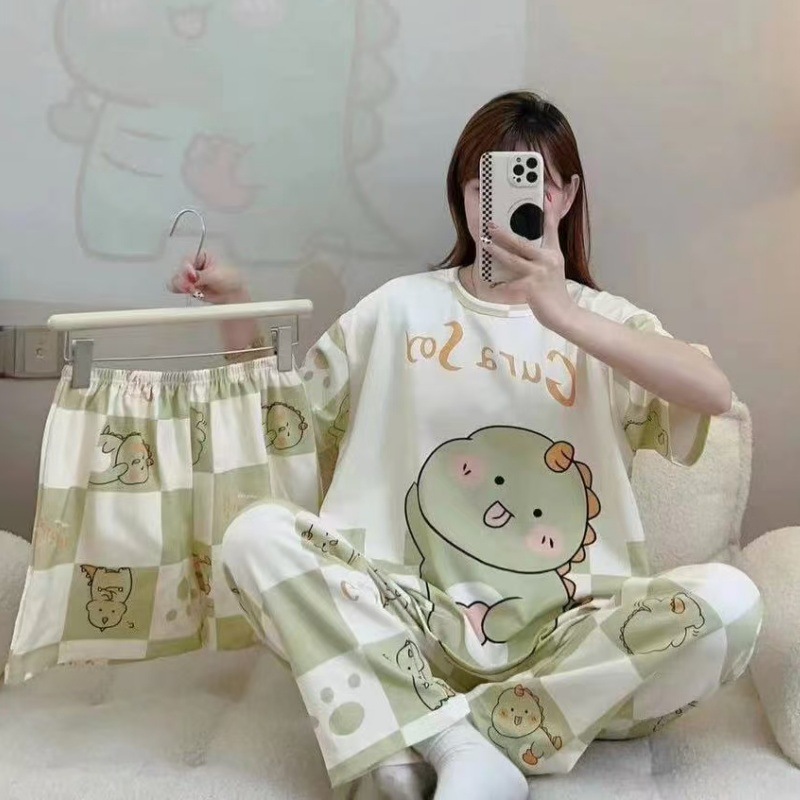 Pijamas de verano transfronterizos pijamas de leche de seda de tres piezas set de dibujos animados comercio exterior ropa para el hogar pantalones de mangas cortas lindos