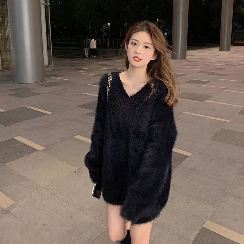 Trendy Autumn and Winter Sweater Jacket for Women, Loose Korean Style New Imitation Mink Thickened Mid-Length Collar Pullover