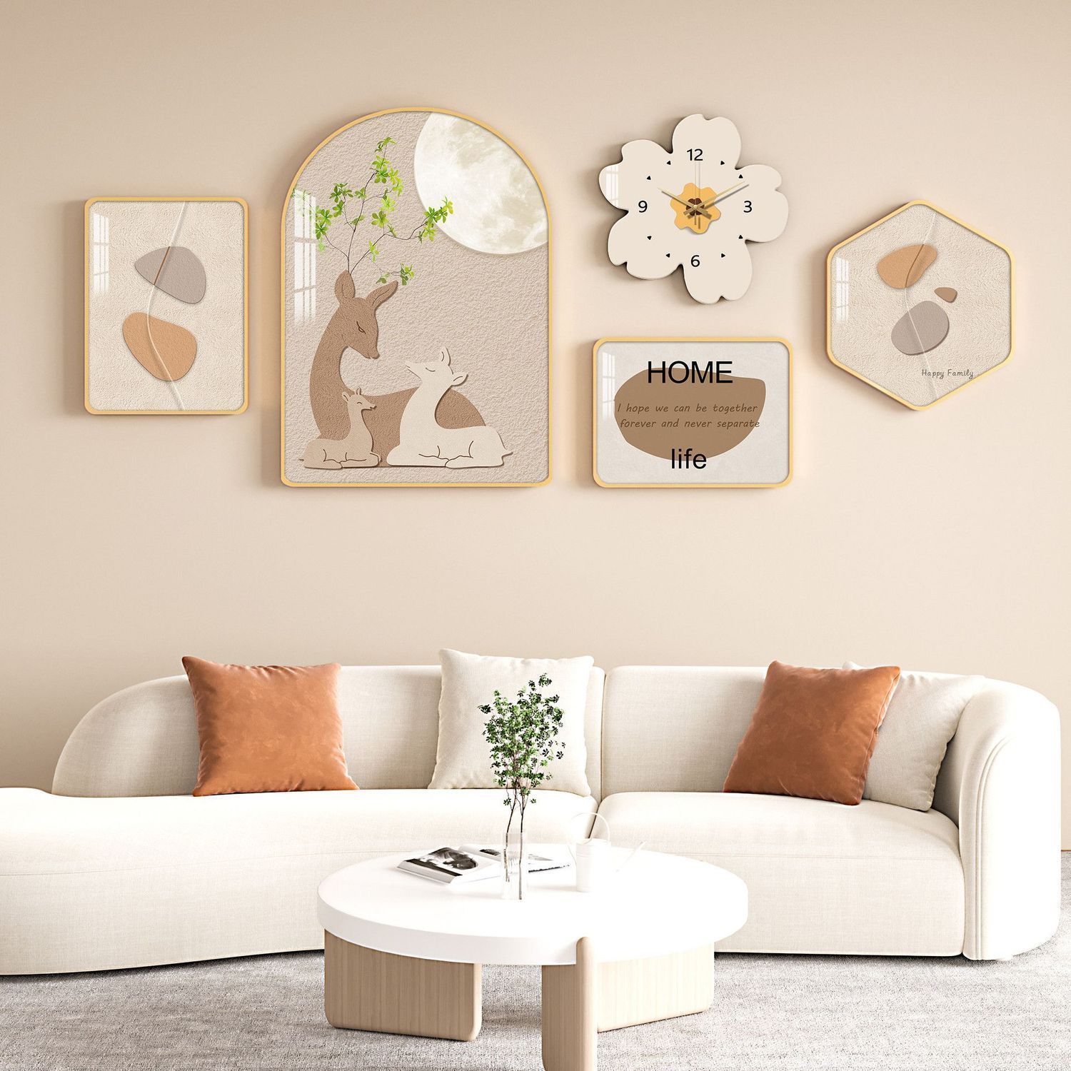 Modern Minimalist Living Room Decorative Painting Cream Style Sofa Background Wall Clock Hanging Painting Small Fresh Restaurant Combination Mural