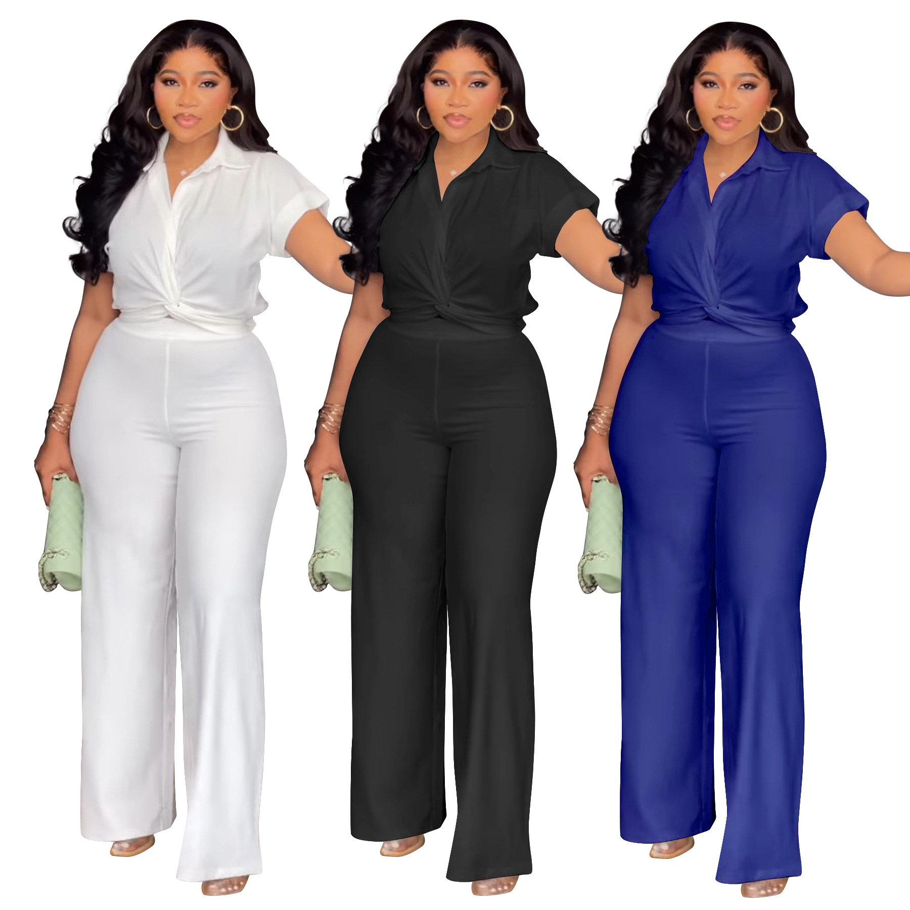 Women's Clothing Plus Size Summer Outfit High Waist Casual Pants & Solid Color Shirt Short Sleeved Two-Piece Set_ecoleips.com
