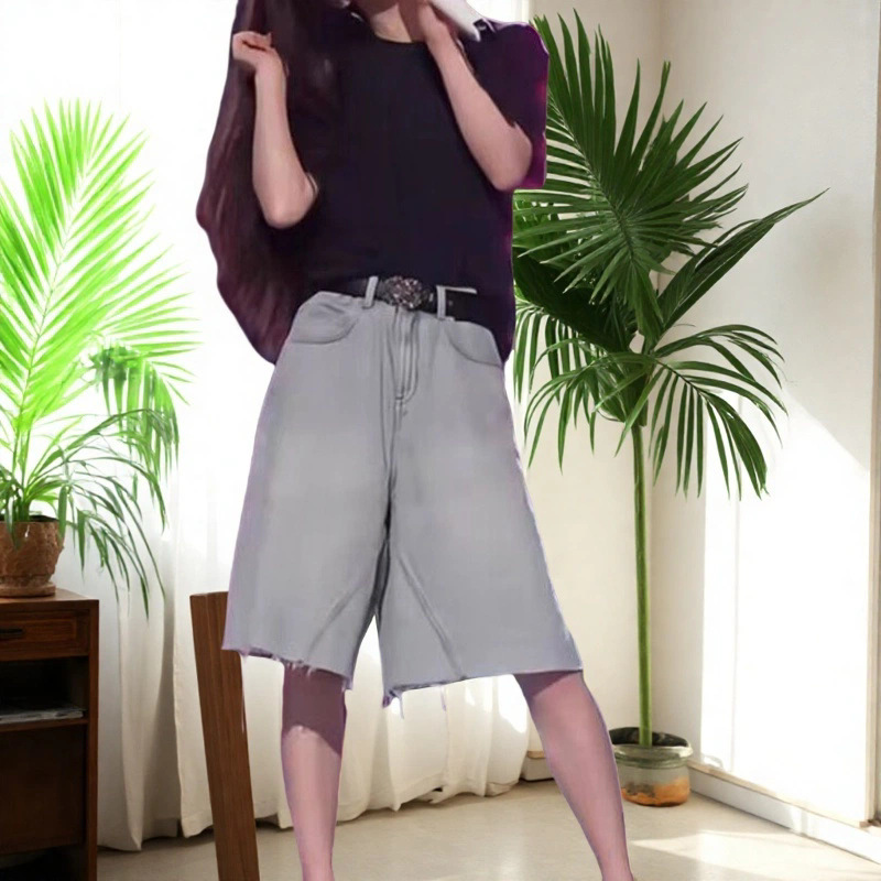 Trendy Two-Piece Set for Women: Summer New Washed Denim Wide-Leg Pants and Black T-Shirt Similar to Those Worn by Dan Yi Lipeng Trendy Two-Piece Set for Women: Summer New Washed Denim Wide-Leg Pants and Black T-Shirt Similar to Those Worn by Dan Yi Lipeng