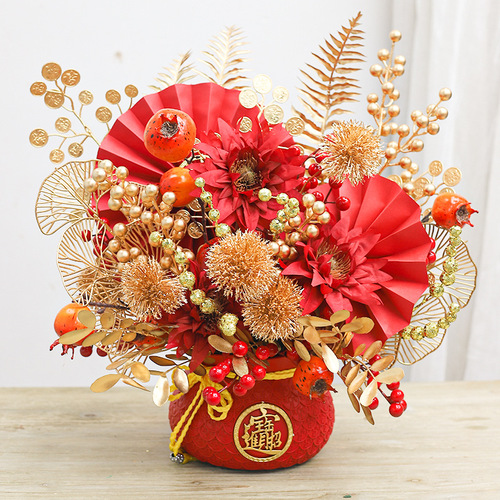 2024 New Fortune Bamboo Year-round Flower Pot with Branching Sparkling Red and Gold Fruit Inserts Creative Flower Arrangement Decor Wholesale