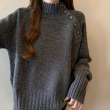 2025年秋冬季新款半高领灰色毛衣上衣大码女装胖mm宽松慵懒针织衫