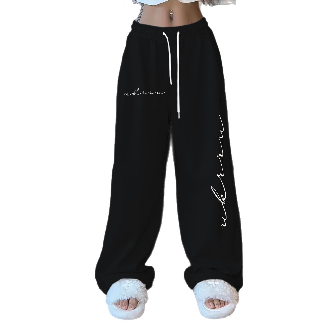 Unisex Fleece-Lined Wide-Leg Pants With Custom Logo Print – Trendy Drawstring Joggers, Loose Fit, Warm & Stylish, S-XXXL (Black/Grey/Blue/Red/White)_viptrois.com
