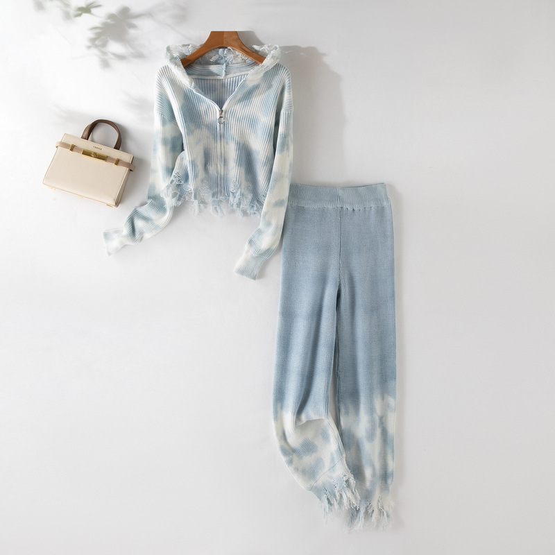 Special Offer: Handmade Tie-Dye Knitted Tweed-Style Two-Piece Set with Vertical Ribbed Hooded Cardigan, Autumn Design Sweater and Long Pants Special Offer: Handmade Tie-Dye Knitted Tweed-Style Two-Piece Set with Vertical Ribbed Hooded Cardigan, Autumn Design Sweater and Long Pants