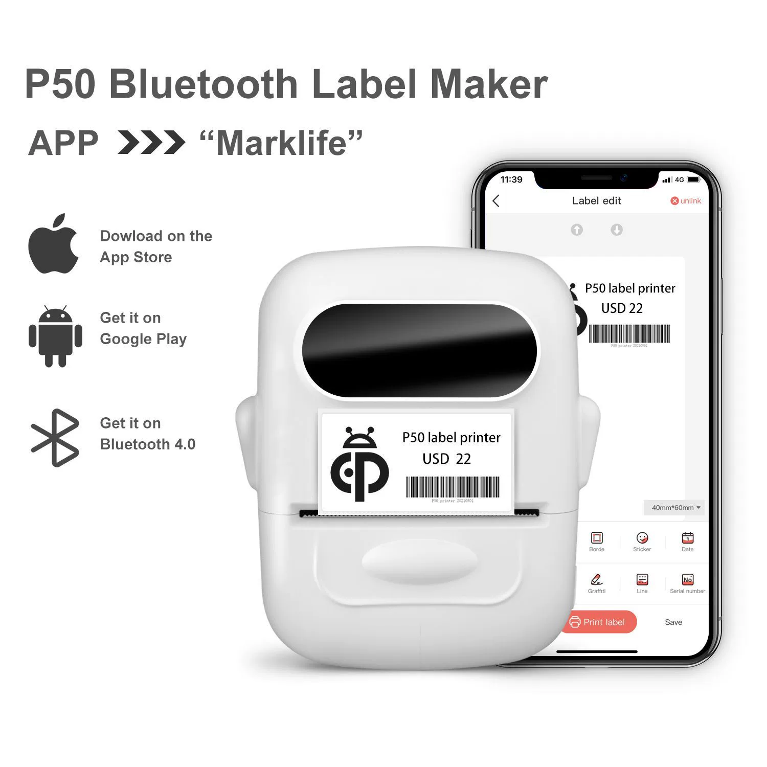 Термопринтер штрихкодов P50 Bluetooth, беспроводной принтер этикеток с Bluetooth-соединением