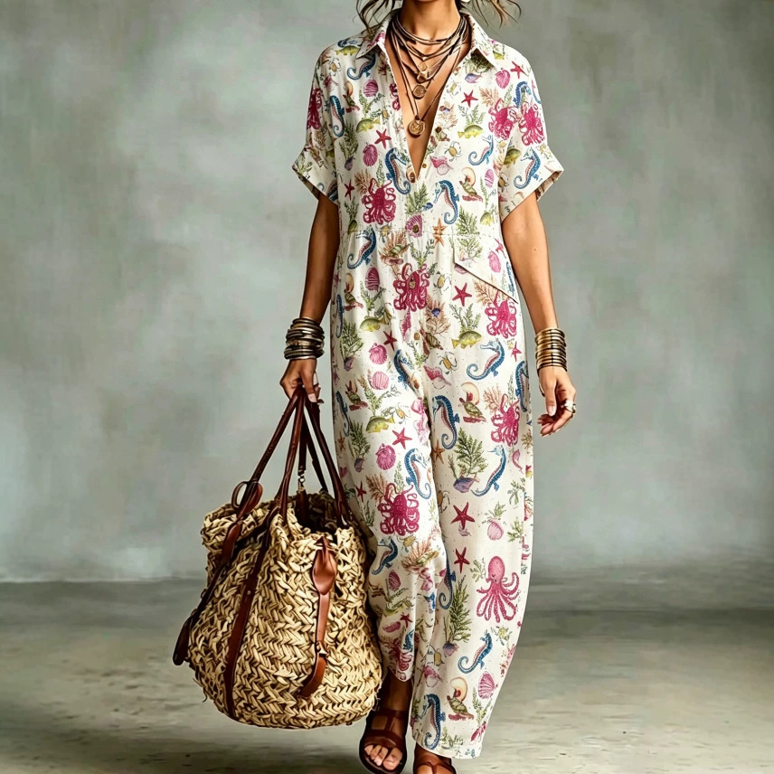 Amazon Independent Site Digital Print Shirt-Style Jumpsuit Loose Slimming Jumpsuit