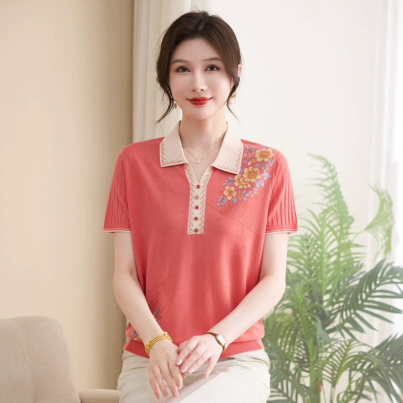 Мама летняя футболка с короткими рукавами и отворотом 2025 новый средний и пожилой женский ледяной шелковый топ темперамент