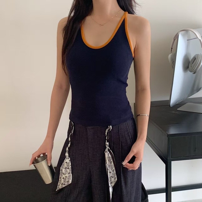 暖小艾588法式挂脖新款辣妹背心女带胸垫纯欲撞色显瘦外穿内搭|undefined