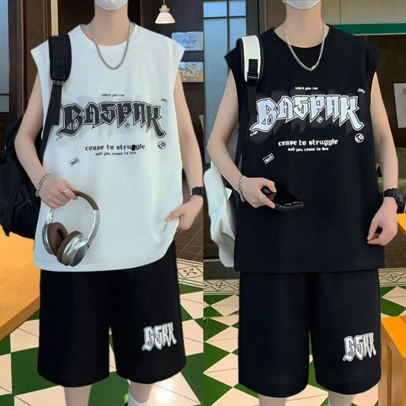 New Style Vest Sports Suit for Teenagers, Male Students' Summer Stylish Ice Silk Sleeveless Shorts with Casual Set