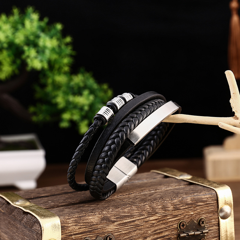 2PCS Fibbia magnetica in acciaio inossidabile alla moda intrecciata multistrato, bracciale in pelle multistrato, bracciale_voghion.com