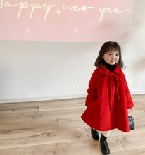 艾摩贝贝女童红色新年气质毛呢大衣冬中长款年服呢子外套2021冬款