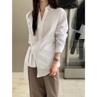 THINK十三行韩系侧系带设计感衬衫女2025秋通勤气质小众长袖上衣-阿里巴巴
