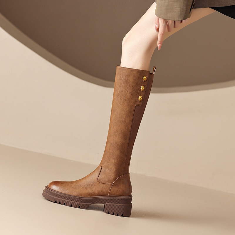 Retro brown elastic high boots heels platform English style for…