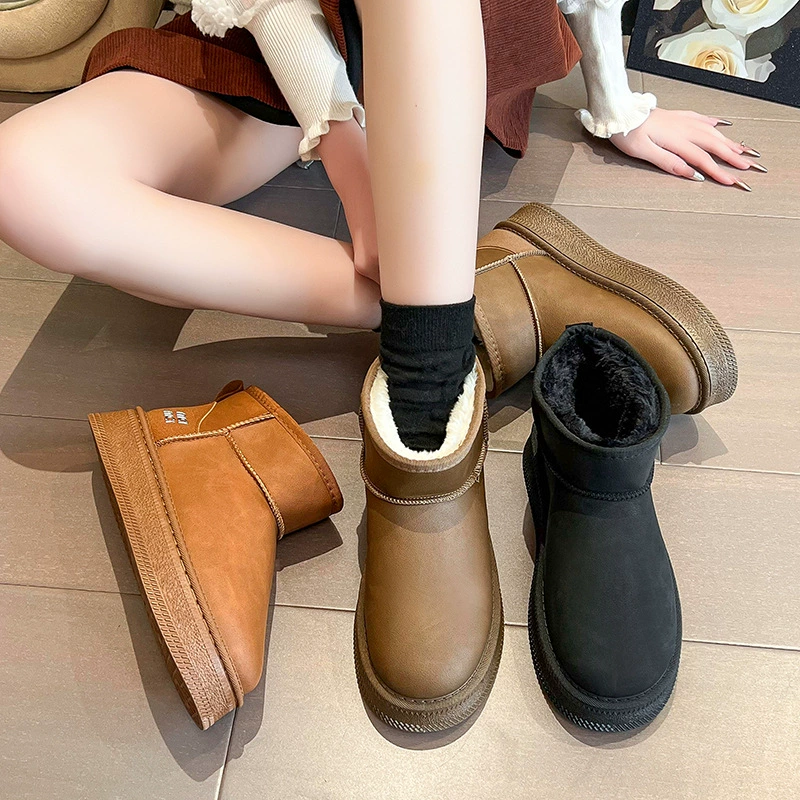 Толстая подошва водонепроницаемая кожаная лапша снежные сапоги 2024 зимняя повседневная нескользящая теплая обувь модная корейская женская хлопчатобумажная обувь