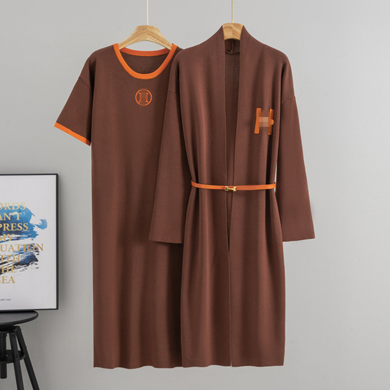 Cross-border European casual knitted dress set for women, autumn and winter long cardigan coat with short-sleeved long dress two-piece set Cross-border European casual knitted dress set for women, autumn and winter long cardigan coat with short-sleeved long dress two-piece set