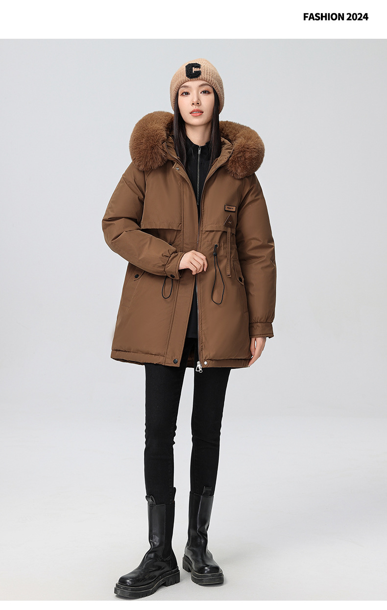 2024 foreign trade overcomes women's winter new Korean version waist cinching slimming hooded big fur collar cotton_voghion.com