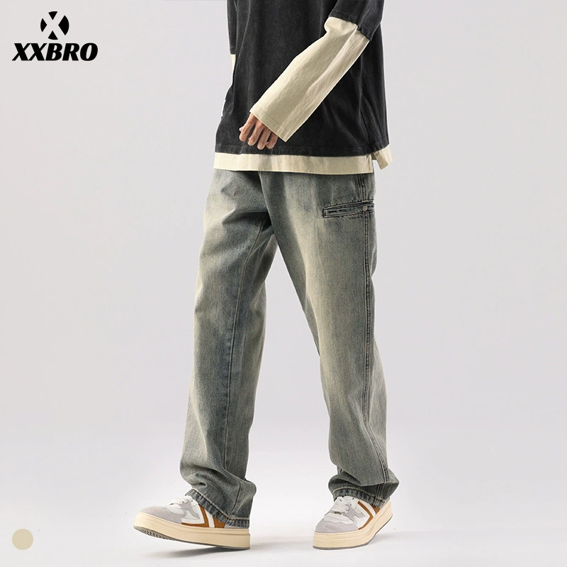 Xxbro мужская одежда # американский стиль High Street Tide стирает старые джинсы мужской дизайн смысл прямой свободный дикий брюки