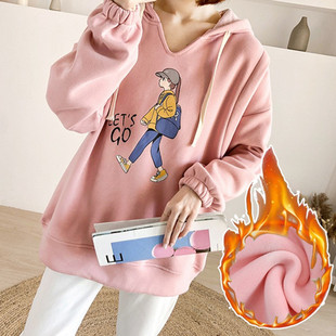 New Velvet-lined Thickened Hooded Sweater for Mother's Back-wearing Nursing Clothes Side-opening Zipper Loose Large-size Maternity Clothes