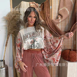 2025爆款独立站亚马逊外贸女装欧美新款印花圆领百搭蝙蝠袖上衣女