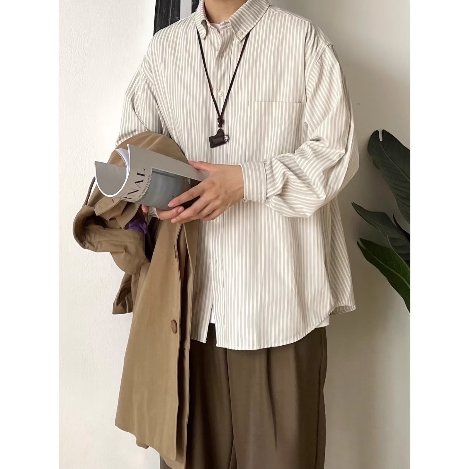 2023 striped shirt men's long-sleeved autumn Japanese casual trendy high-grade short-sleeved shirt coat versatile New