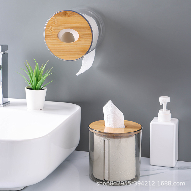 Creativo redondo de plástico caja de almacenamiento de tejido caja de tejido doméstico cubierta de bambú Hotel montado en la pared titular de tejido higiénico