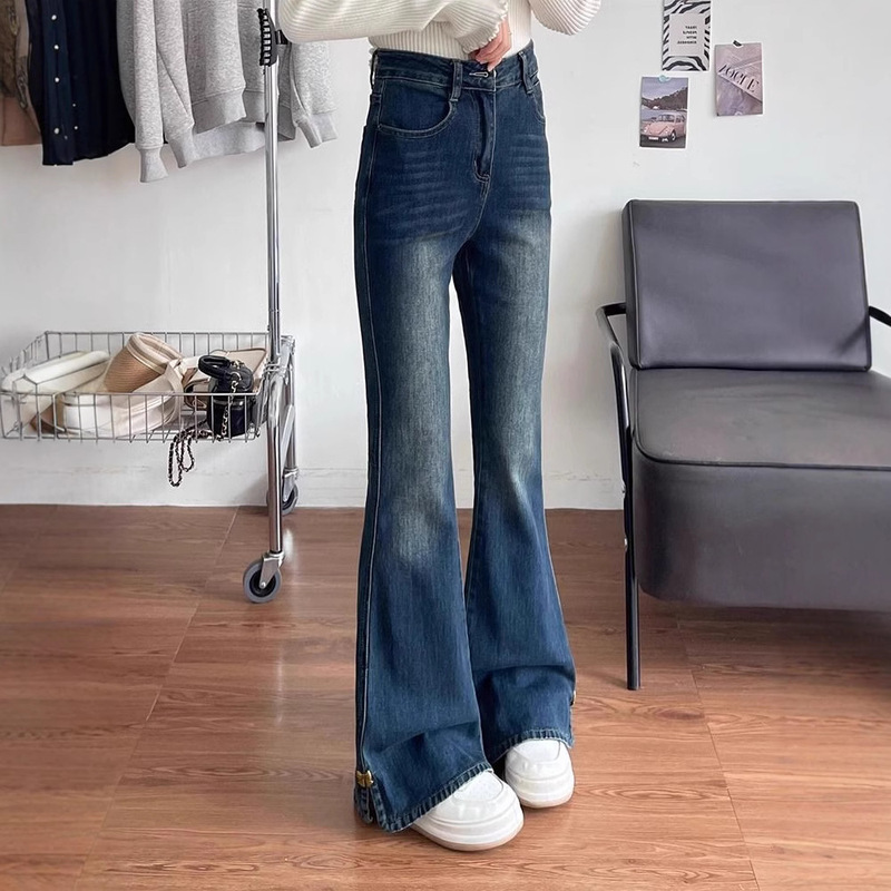 レトロなオープンフォークの微ラッパジーパンの女性と春秋の大きいサイズの太ったmmの春の新型の高い腰の弾力性はやせているスピーカーのズボンを現します。|undefined
