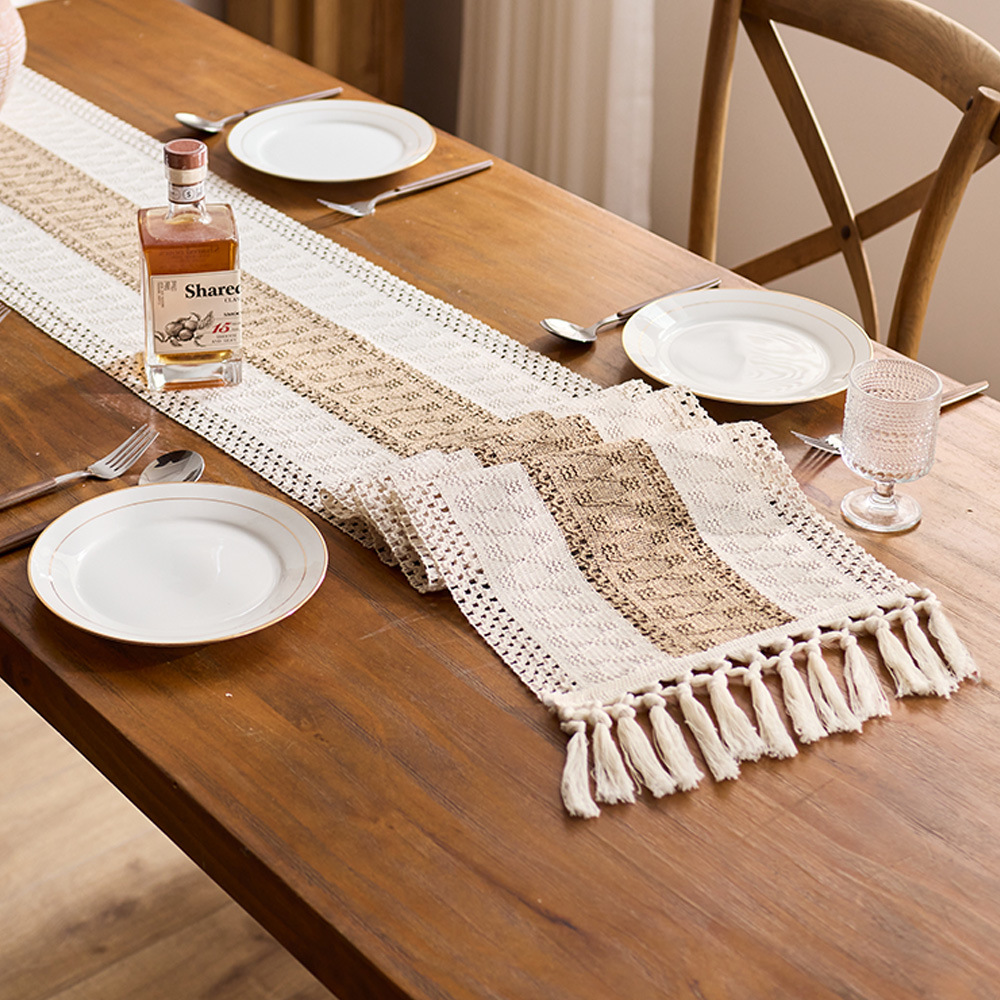 Banderas de mesa anchas de color café transfronterizo, algodón y lino a juego, borlas huecas anudadas, decoración de mesa, mesa de comedor, mesa de centro, armario de zapatos, mantel image 7